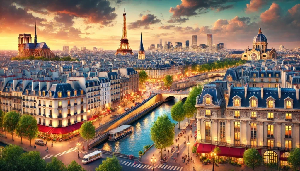 A stunning view of Paris, showcasing its most iconic landmarks such as the Eiffel Tower, the Louvre Museum, and the Notre-Dame Cathedral