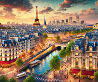 A stunning view of Paris, showcasing its most iconic landmarks such as the Eiffel Tower, the Louvre Museum, and the Notre-Dame Cathedral