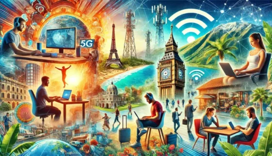 Digital nomads working in various scenic locations around the world in 2024