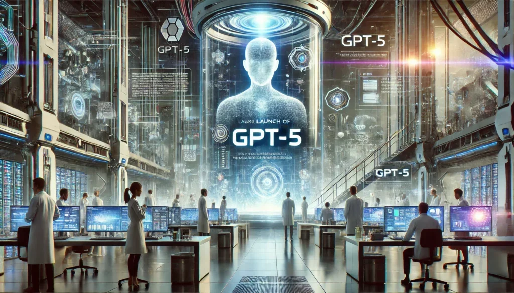 Launch of GPT-5. Modern, sleek lab with advanced professionals