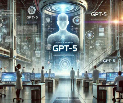 Launch of GPT-5. Modern, sleek lab with advanced professionals